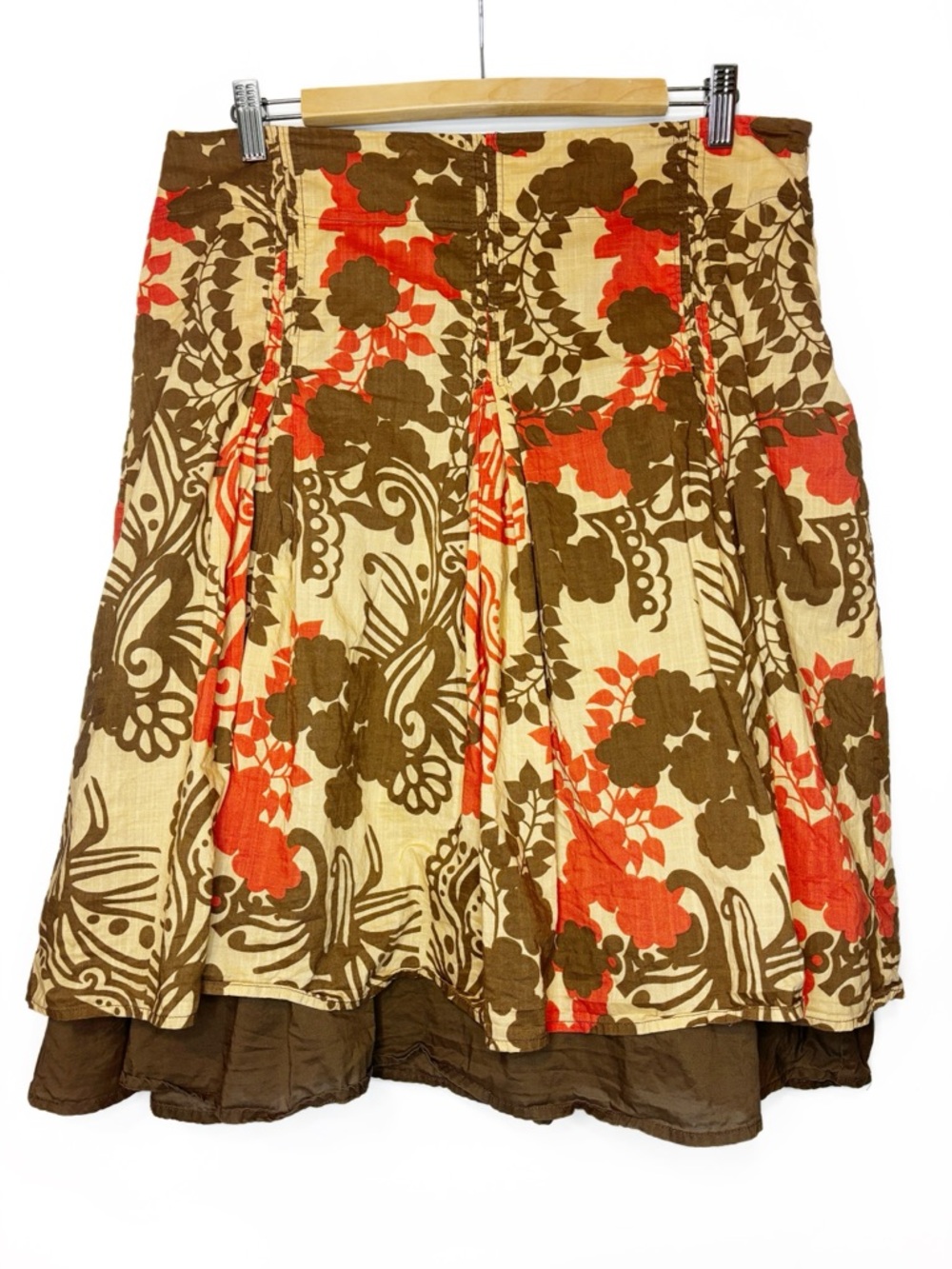 DKNY Jeans Midi Full Pleated Floral Skirt in Beige, Brown & Orange -10-